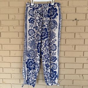 Rachel Zoe Blue Floral Wide-Leg Pants Relaxed Resort Coastal Linen Beach Size S